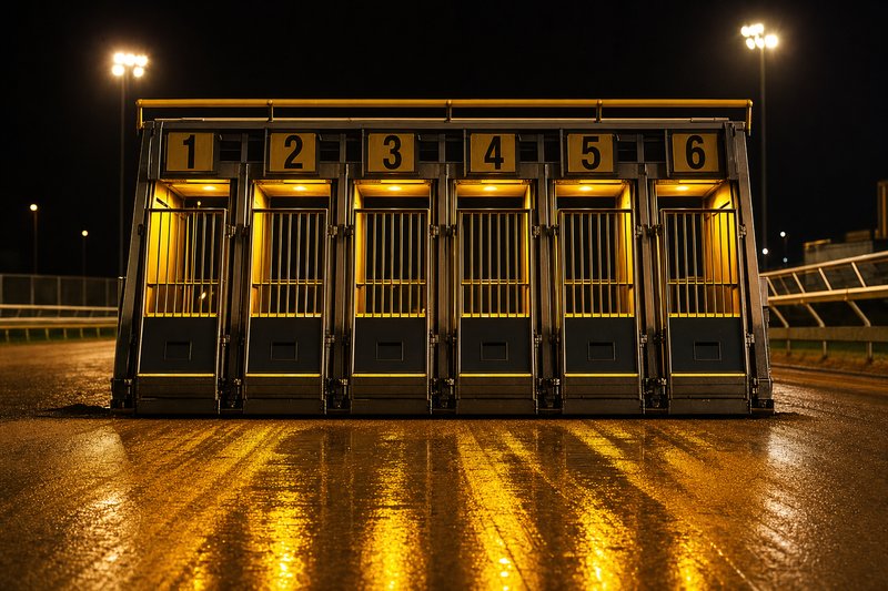 Six illuminated starting traps on a night racing track — the starting point for every dog racing game strategy