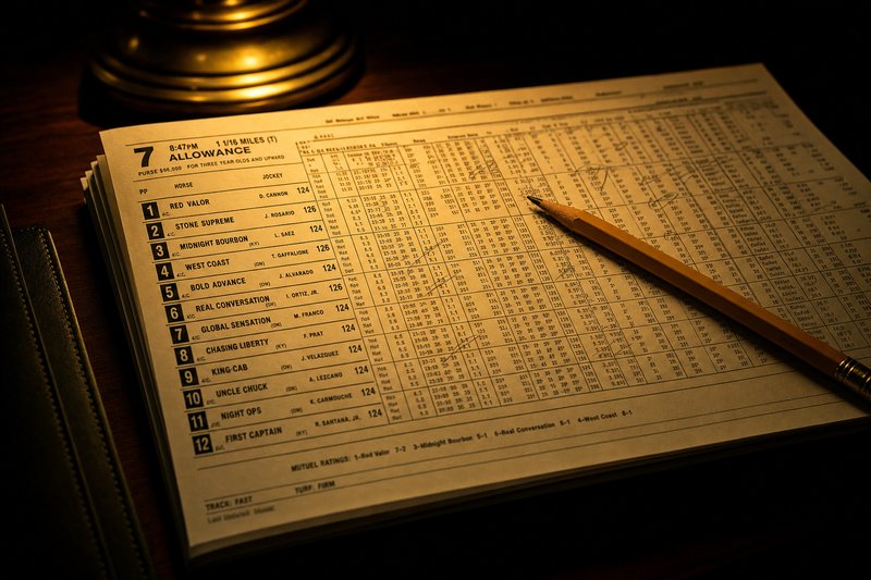 A racecard and pencil under warm lamplight — planning strategy in dog racing simulation games