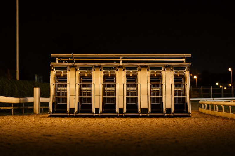 Six greyhound racing starting traps under floodlights — the starting point for beginners