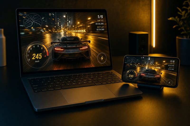 Laptop and smartphone side by side with glowing racing game screens — browser vs app comparison