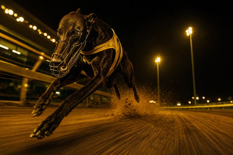 Greyhound in full sprint under floodlights — the animal that inspires greyhound racing simulation games