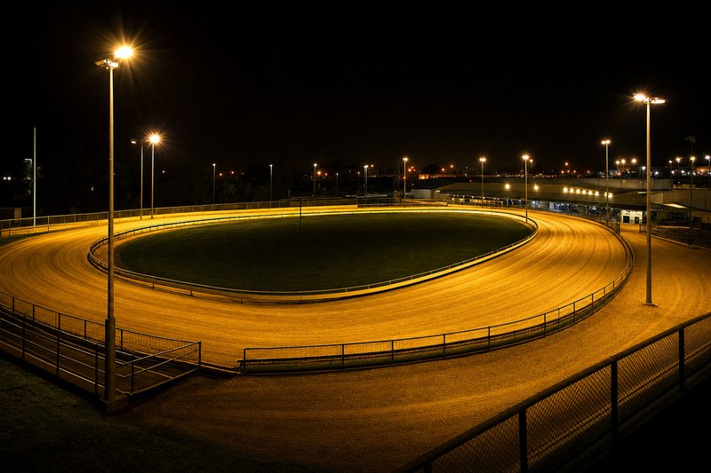 Empty greyhound racing oval under stadium floodlights at night — real track design in simulation games