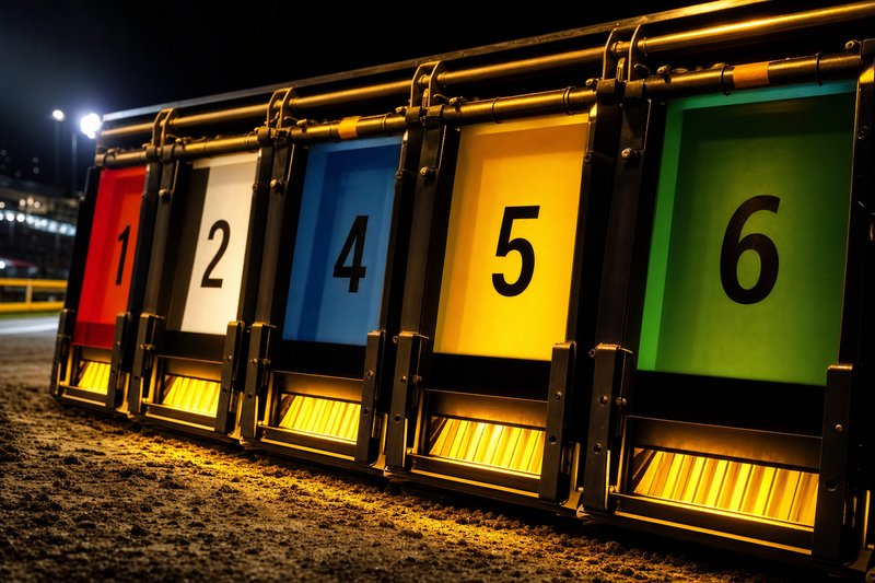 Six coloured starting trap doors numbered 1 to 6 under racing track lighting — trap positions explained