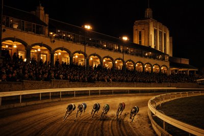Vintage greyhound racing stadium at night with art deco grandstand — the history behind the sport
