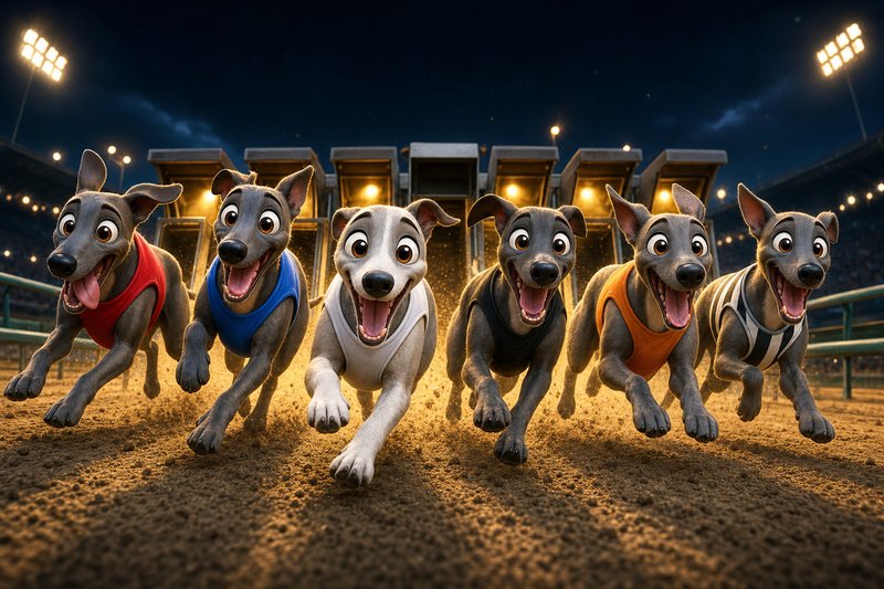 Six cartoon greyhounds in colorful racing jackets bursting from the starting traps at night — the DogRacer Derby browser game