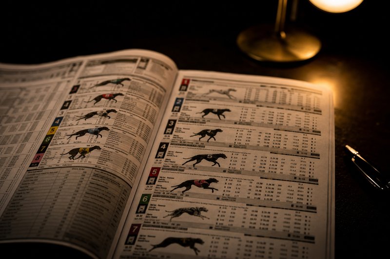 Racing form guide with statistics under focused warm light — how to read dog racing game form
