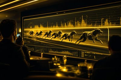 Glowing virtual racing interface on a dark screen
