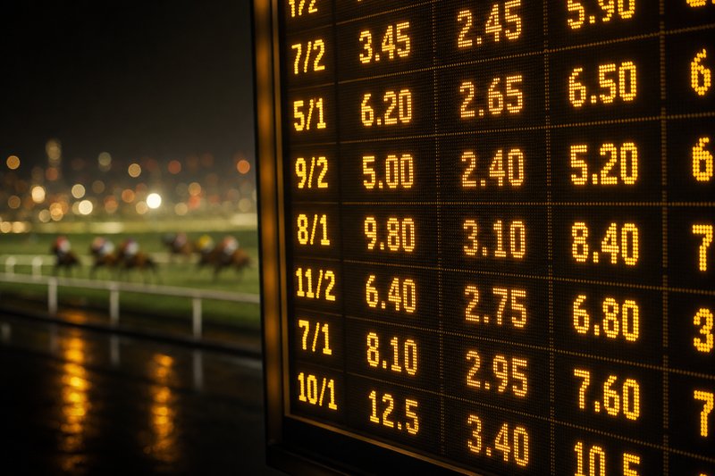 Glowing digital odds board in a dark racing environment — understanding virtual greyhound racing odds