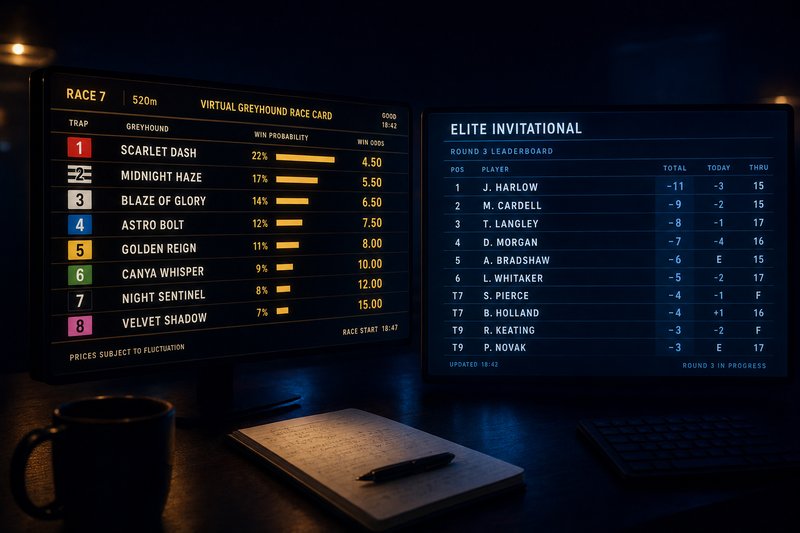 Split view of a glowing virtual race card and a golf tournament leaderboard on dark screens — comparing betting formats